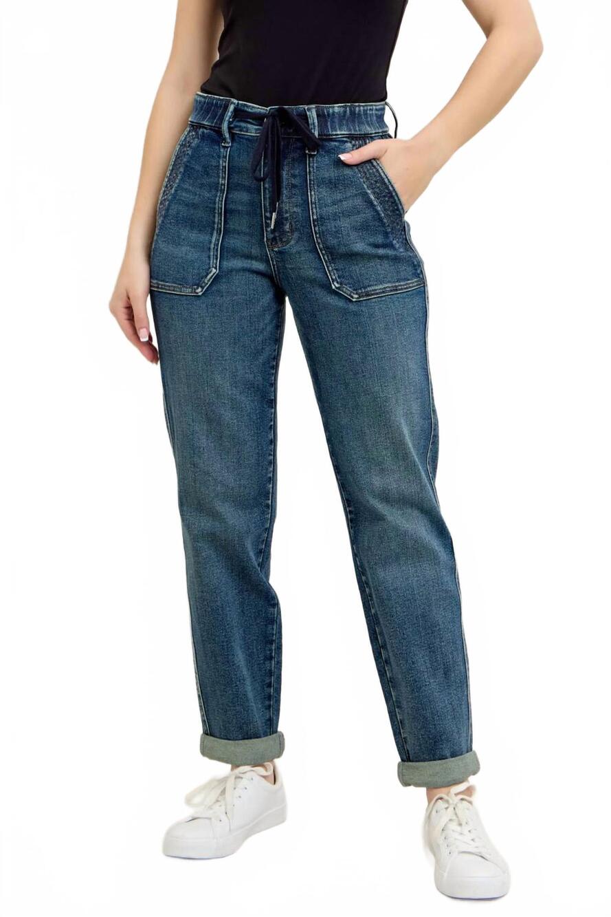 NEW JUDY BLUE high waist vintage wash jogger with navy drawstring in blue